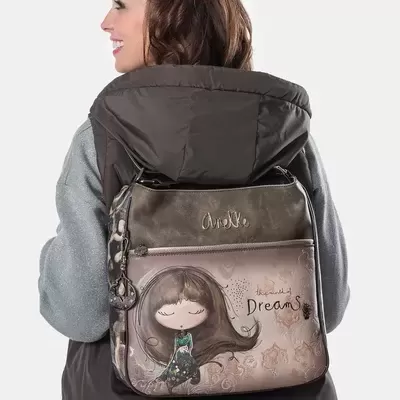 Mochila Anekke castanha e bege com ilustração e texto Beautiful Dreams