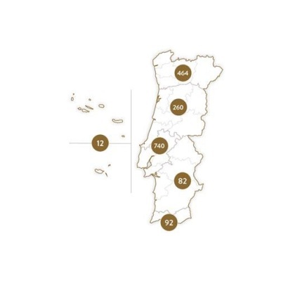 Mapa de Portugal com números em círculos castanhos em várias regiões.
