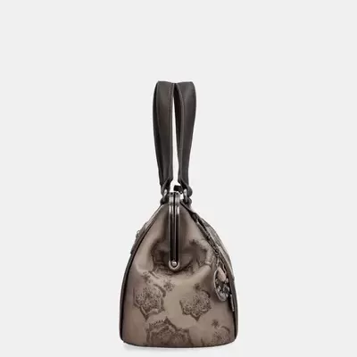 Mala bowling em pele castanha com padrão escuro e alças duplas