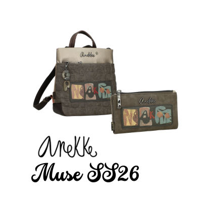 Mochila e carteira Anekke Muse SS26 castanhos e bege com estampas coloridas