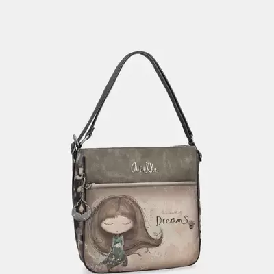 Mala de ombro cinzenta e bege com ilustração de rapariga e texto Dreams