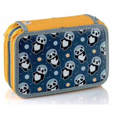 Estojo escolar com padrão de pandas e fundo azul escuro