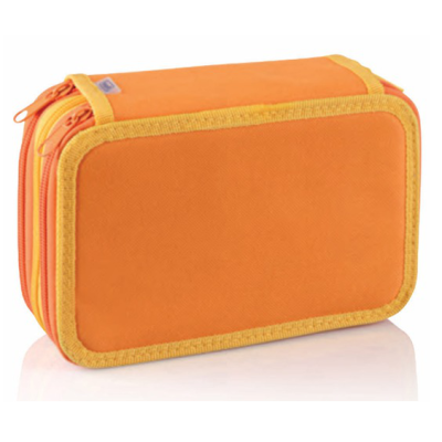 Estojo rectangular triplo laranja com bordas amarelas e fechos de correr