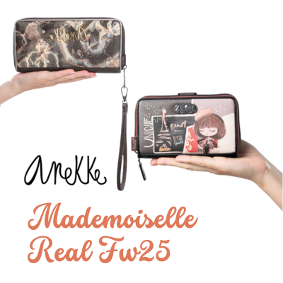 Duas carteiras Anekke Mademoiselle Real Fw25 em mãos com diferentes padrões e cores.