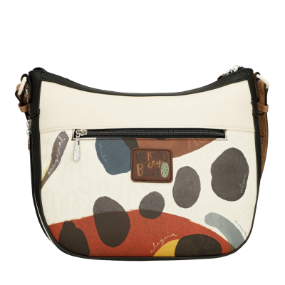 Bolsa de ombro com padrão abstrato colorido e etiqueta VIBRATES BOY BONITO