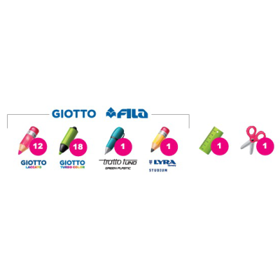 Produtos escolares GIOTTO e LYRA com lápis, apontador, régua e tesoura coloridos.