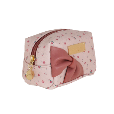 Estojo retangular cor-de-rosa claro com padrão floral e laço castanho