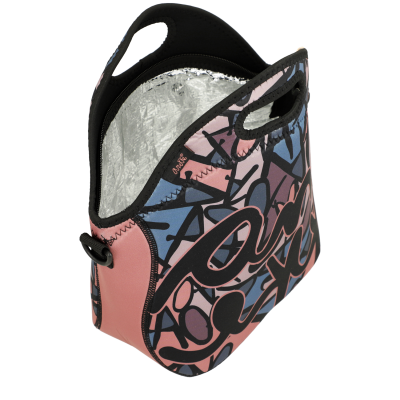 Saco térmico colorido em neoprene com padrão gráfico abstrato e alças incorporadas