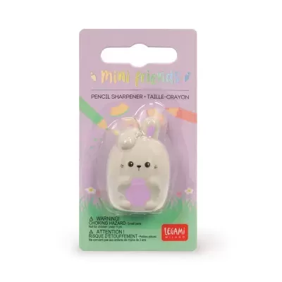 Apontador de lápis formato coelho branco em embalagem com texto e logo Legami Milano