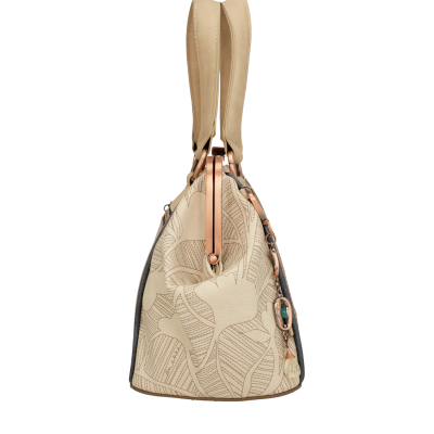 Mala bege com padrão de folhas e alças de couro