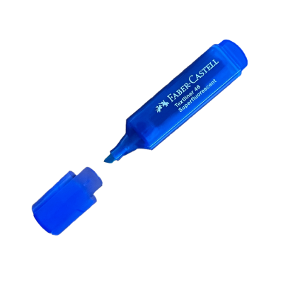 Marcador de texto azul fluorescente Faber-Castell com tampa removida