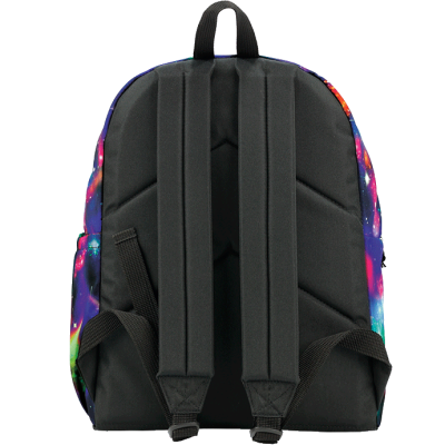 Mochila com padrão galáxia e alças pretas acolchoadas vista de costas