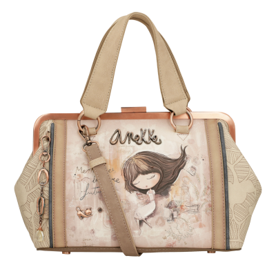 Mala Anekke bege e rosa com ilustração de rapariga e alças em tecido