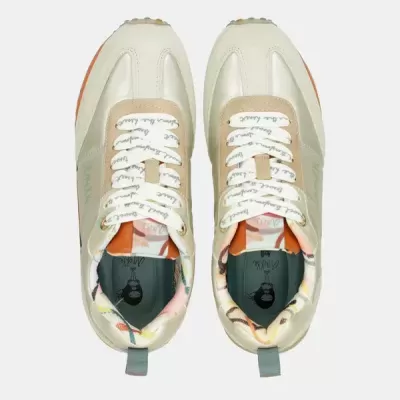 sapatilhas creme com atacadores brancos e padrão floral interior