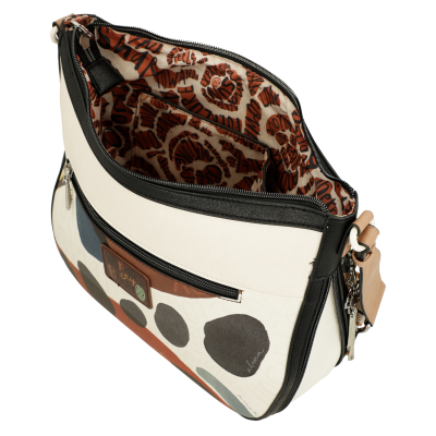 Mala de ombro com padrões gráficos coloridos e interior estampado