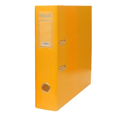 Arquivo amarelo com ferragens metálicas e etiqueta feqol