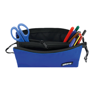 Estojo escolar azul aberto com tesoura e canetas coloridas