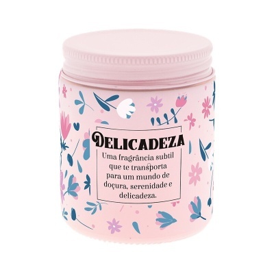 Recipiente rosa com padrão floral e texto em português