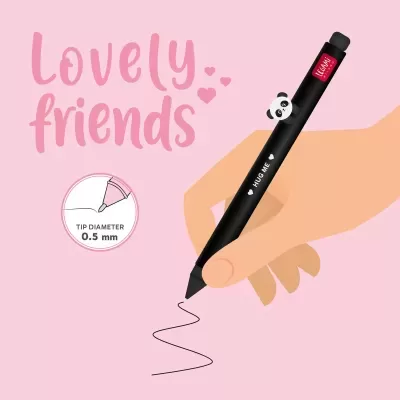 Caneta preta com panda decorativo, texto 'Lovely friends' e indicação do diâmetro da ponta 0.5 mm.