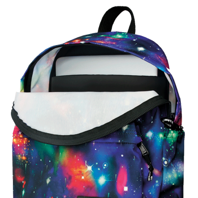 Mochila colorida com estampa de galáxia e fecho zíper preto