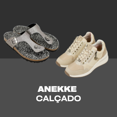Duas sandálias cinzentas brilhantes e uns ténis bege claro da marca ANEKKE com texto 'ANEKKE CALÇADO' no fundo