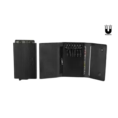 Porta-Cartões Metálico Anti-RFID e Porta-Chaves em Pele Preto