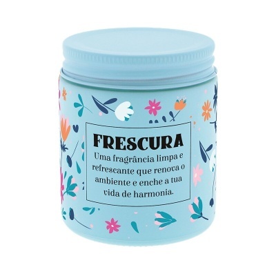 Recipiente azul claro com tampa e decoração floral colorida com texto em português