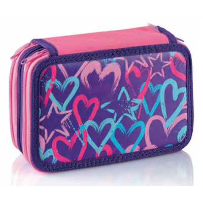 Estojo escolar retangular rosa e roxo com corações e estrelas coloridas