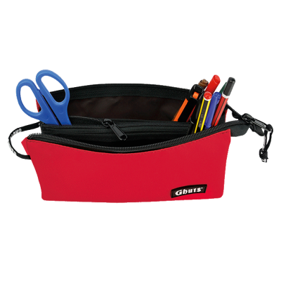 Estojo escolar vermelho com canetas e tesoura