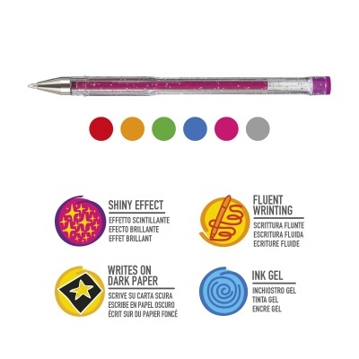 Caneta de gel roxa com corpo transparente e tampa roxa ao lado de ícones coloridos