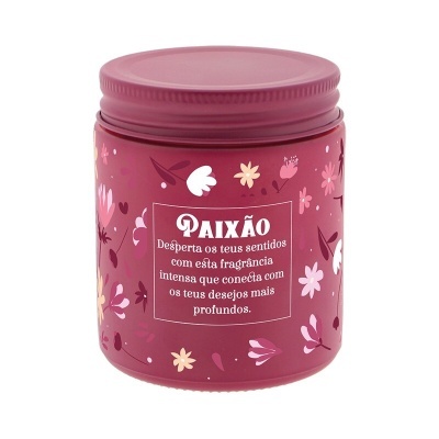 Frasco rosa decorado com flores e texto em português