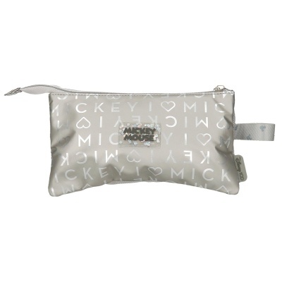 Bolsa cinzenta translúcida com estampado MICKEY e I coração em branco e etiqueta prateada com texto