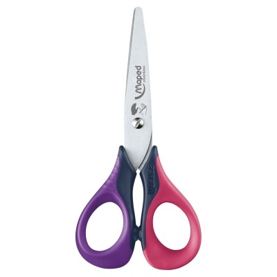 Tesoura com punhos roxo e vermelho e lâmina metálica