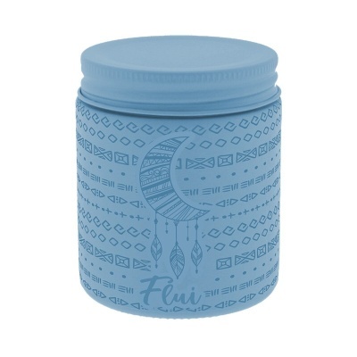 Recipiente azul com padrões geométricos e lua crescente com penas