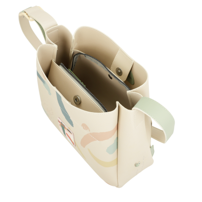 Mala bege com padrões abstratos e duas alças