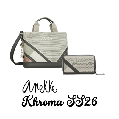 Conjunto mala e carteira Anekke Khroma SS26 cinza e rosa com padrão geométrico