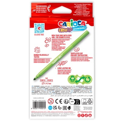 Embalagem de caneta verde CARIOCA CREA POP com texto técnico e símbolos