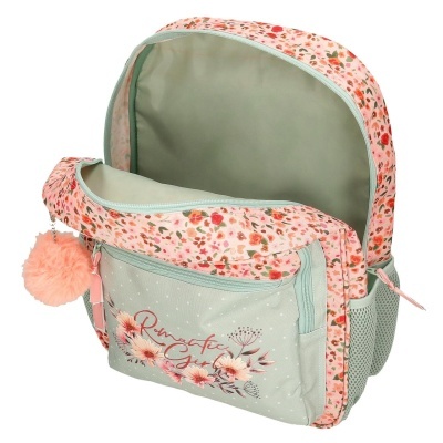 Mochila verde menta e rosa floral com bolso frontal e pompom