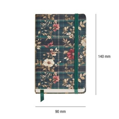 Caderno com capa verde xadrez e flores com texto 'Memories'