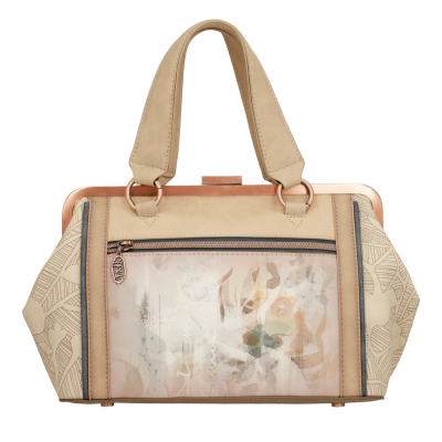 Mala de mão bege e castanha com bolso e fecho metálico