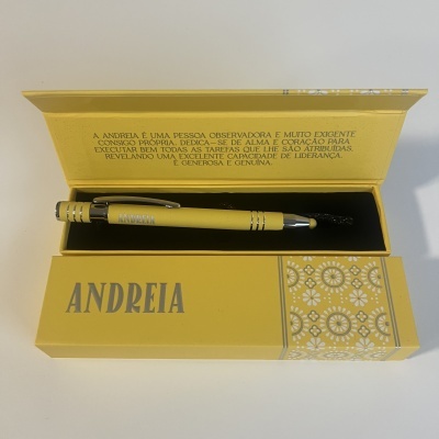 Estojo amarelo decorativo com caneta amarela e texto interno