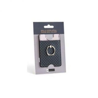 Suporte de anel para telemóvel cinza escuro com pontos brancos em embalagem