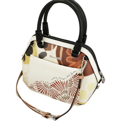 Mala de mão com padrão multicolor e alças pretas