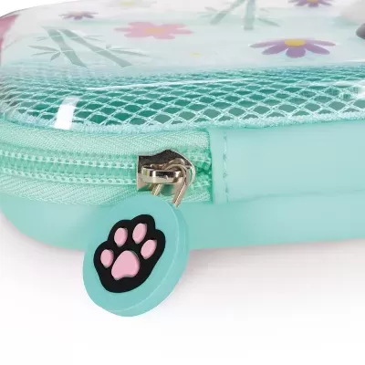 Estojo verde-água com fecho transparente e puxador em forma de pata