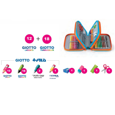 Estojo escolar aberto com material de escrita colorido e gráficos de produtos Giotto e Fila