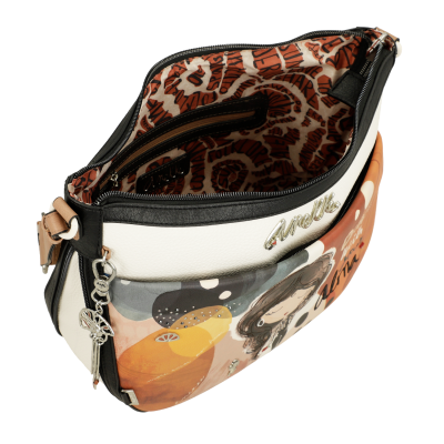 Mala de mão em couro sintético com estampa e interior forrado com padrão de texto