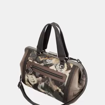 Mala de mão preta e estampada com alças e bolso exterior