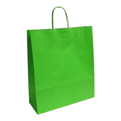 Saco de papel verde com alças em fundo branco