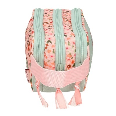 Estojo com padrão floral cor-de-rosa e verde com três fechos éclair e alça rosa