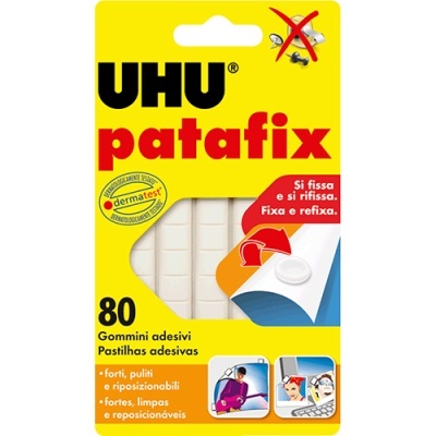 Pacote amarelo de UHU patafix com 80 pastilhas adesivas brancas